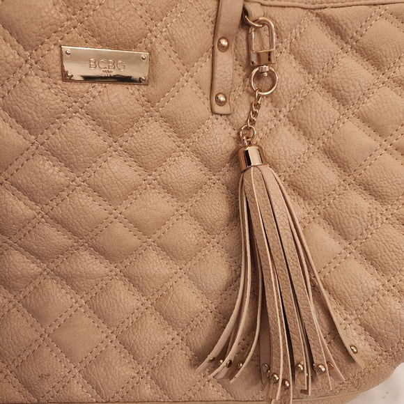 Tan BCBG Paris Tote Quilted Faux Leather with Detachable Tassle  Key Chain - Picture 9 of 14